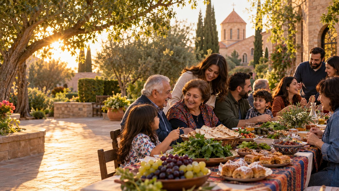 An Armenian family sharing a meal of lavash, grapes, dolma and pastries outdoors at golden hour, with a church dome behind them