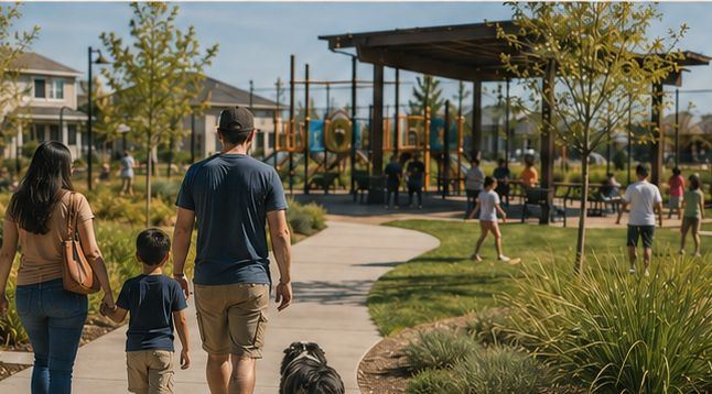 Families walking through a sunny park in Clovis