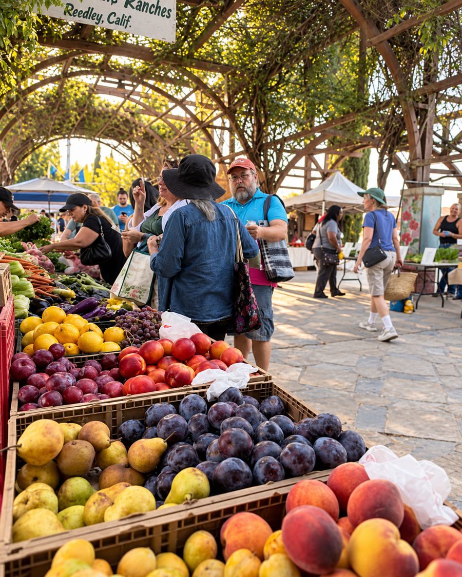 Shoppers at a Fresno farmers market with crates of peaches and plums