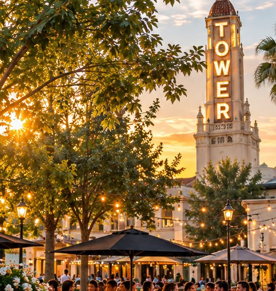 The Tower Theatre sign at sunset in Fresno's Tower District