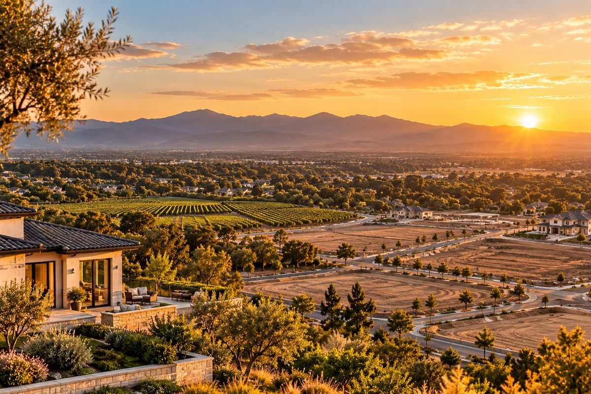 Sunset over new home sites, vineyards and neighborhoods with the Sierra foothills behind