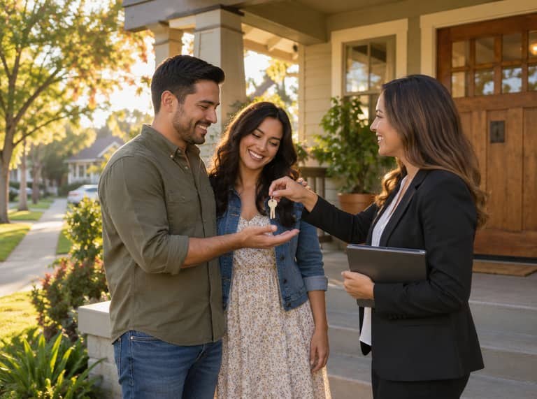 A couple receiving house keys on the porch of a craftsman bungalow