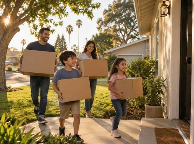 A family carrying moving boxes into their new home on a sunny afternoon