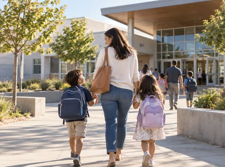 A mother walking two children with backpacks to an elementary school on a sunny morning