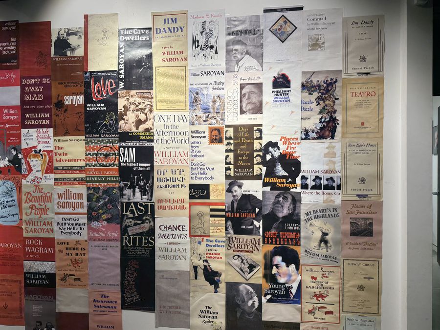 A wall of William Saroyan book covers in many languages at the William Saroyan House Museum