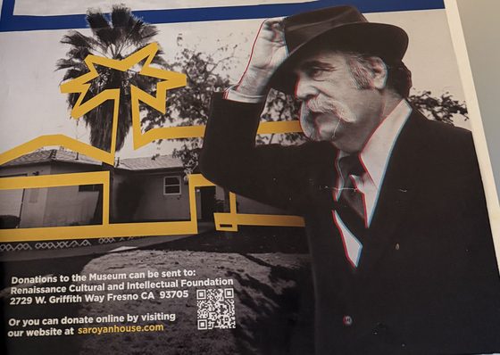 William Saroyan House Museum poster with Saroyan tipping his hat in front of his Fresno house